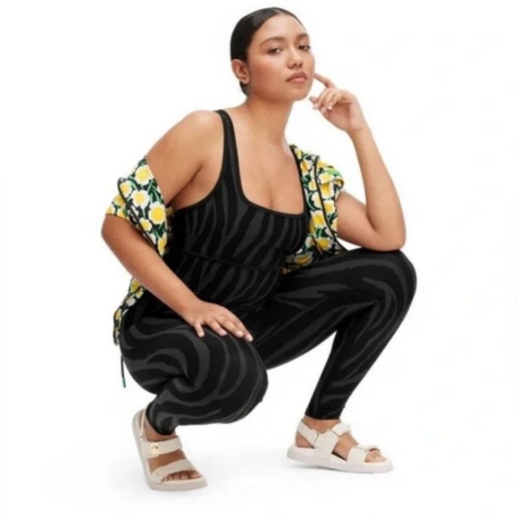 Diane Von Furstenberg Pants - Racerback Tonal Zebra Full Length Bodysuit Workout One-Piece Set DVF -LARGE